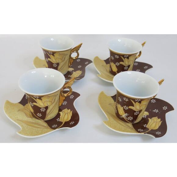 Vintage Porcelain Espresso Turkish Arabic Coffee Cups Saucers Floral Gold Set 4 - Picture 8 of 13